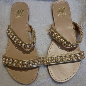 Camel Toe Women's Gold and Elegant Pearl-Embellished Tan Sandals